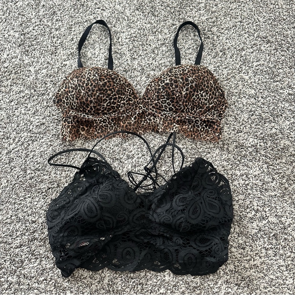 Victorias Secret PINK Lot of 2 Bralettes Cheetah Black Lace
